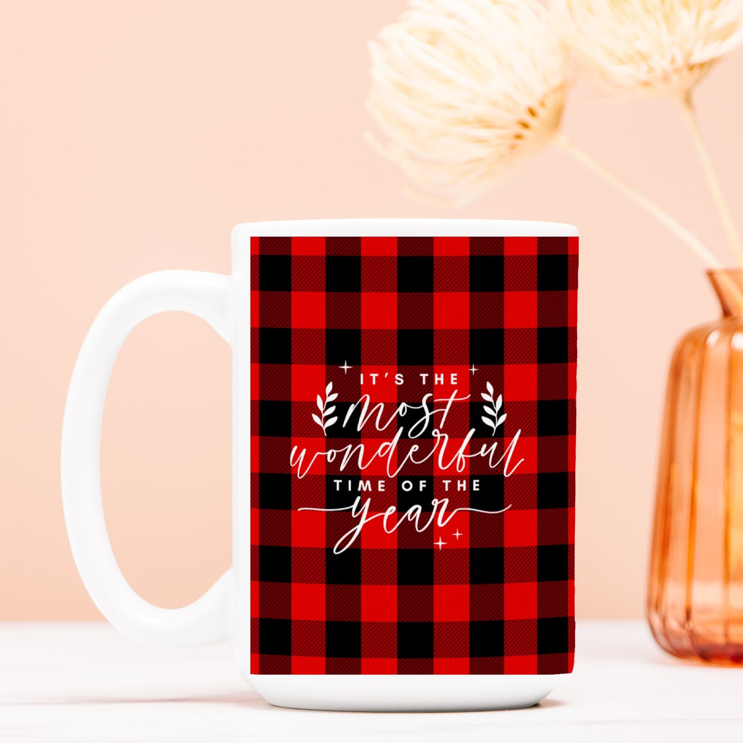 It’s the Most Wonderful Time of the Year Christmas Mug | 15oz Red & Black Buffalo Plaid Holiday Coffee Mug | Festive Winter Ceramic Mug-Luxe Palette