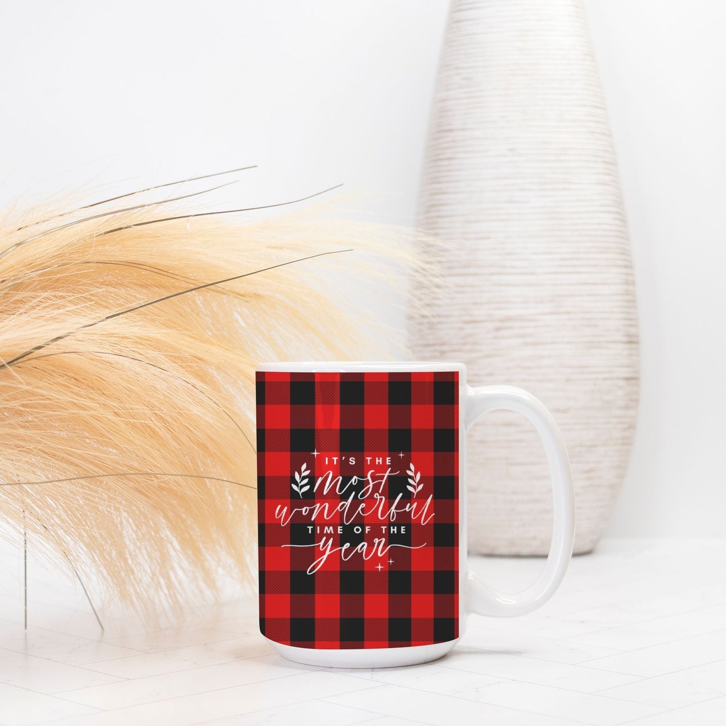 It’s the Most Wonderful Time of the Year Christmas Mug | 15oz Red & Black Buffalo Plaid Holiday Coffee Mug | Festive Winter Ceramic Mug-Luxe Palette