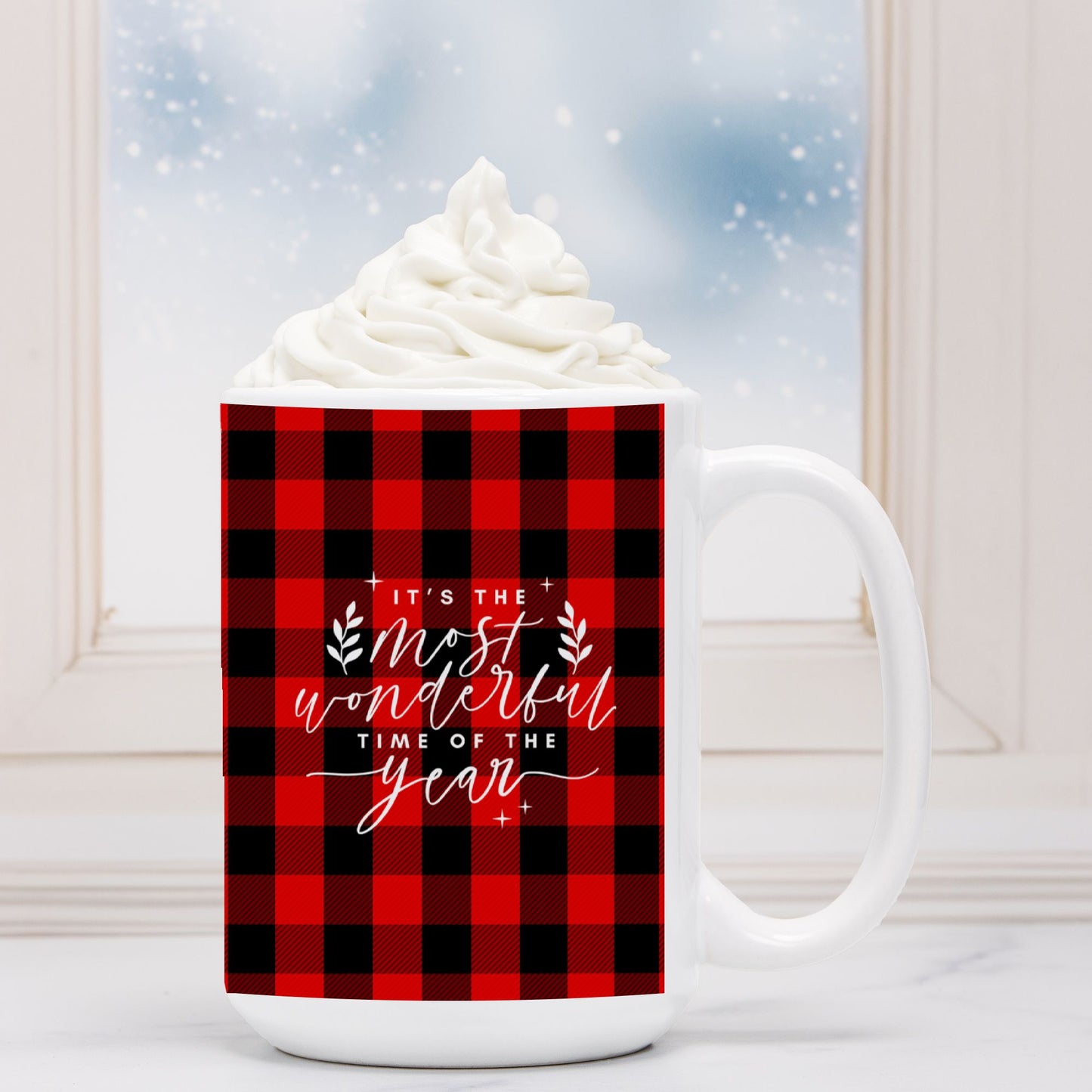 It’s the Most Wonderful Time of the Year Christmas Mug | 15oz Red & Black Buffalo Plaid Holiday Coffee Mug | Festive Winter Ceramic Mug-Luxe Palette