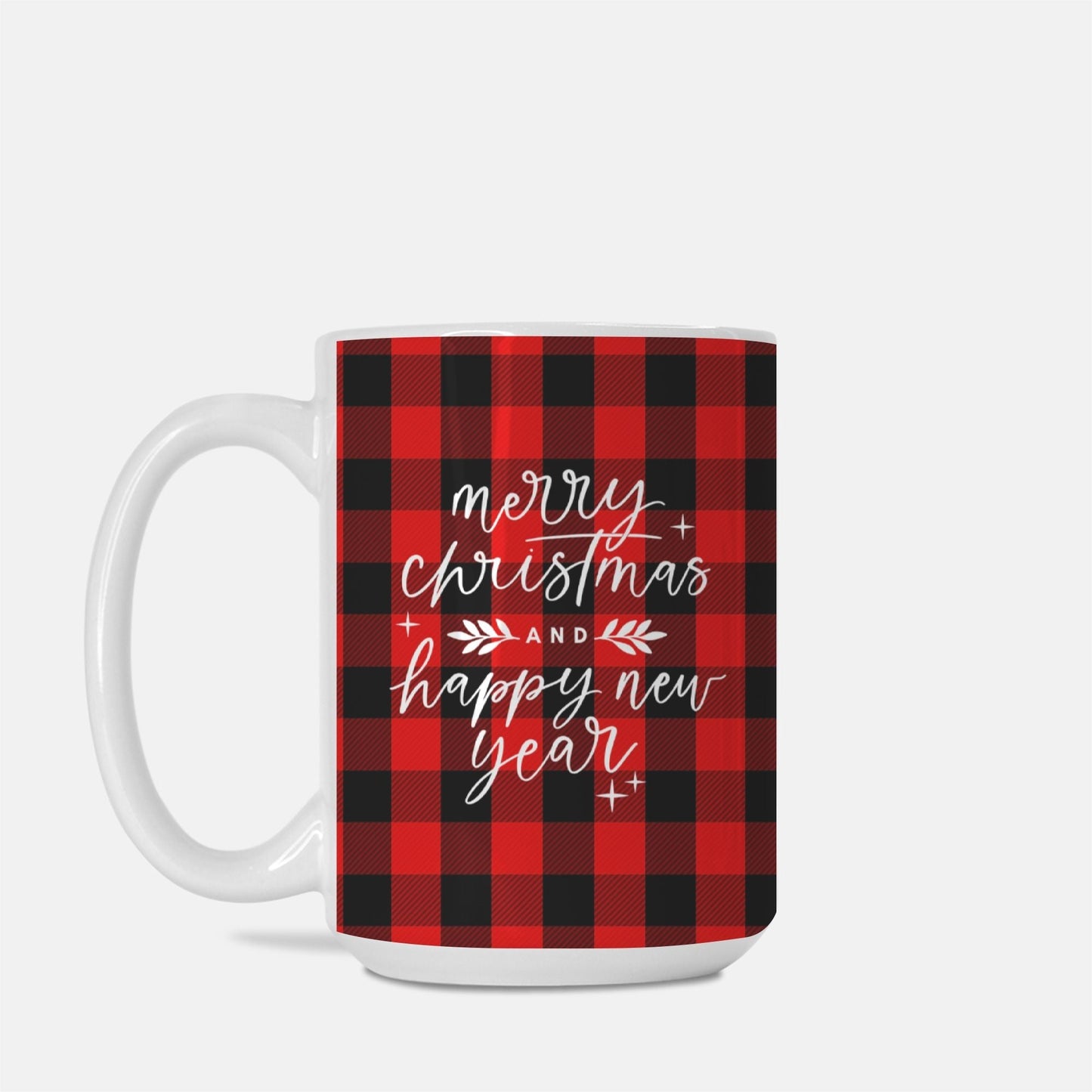 Merry Christmas and Happy New Year Plaid Mug | 15oz Red & Black Buffalo Plaid Holiday Mug | Seasonal Christmas Coffee Cup-Luxe Palette