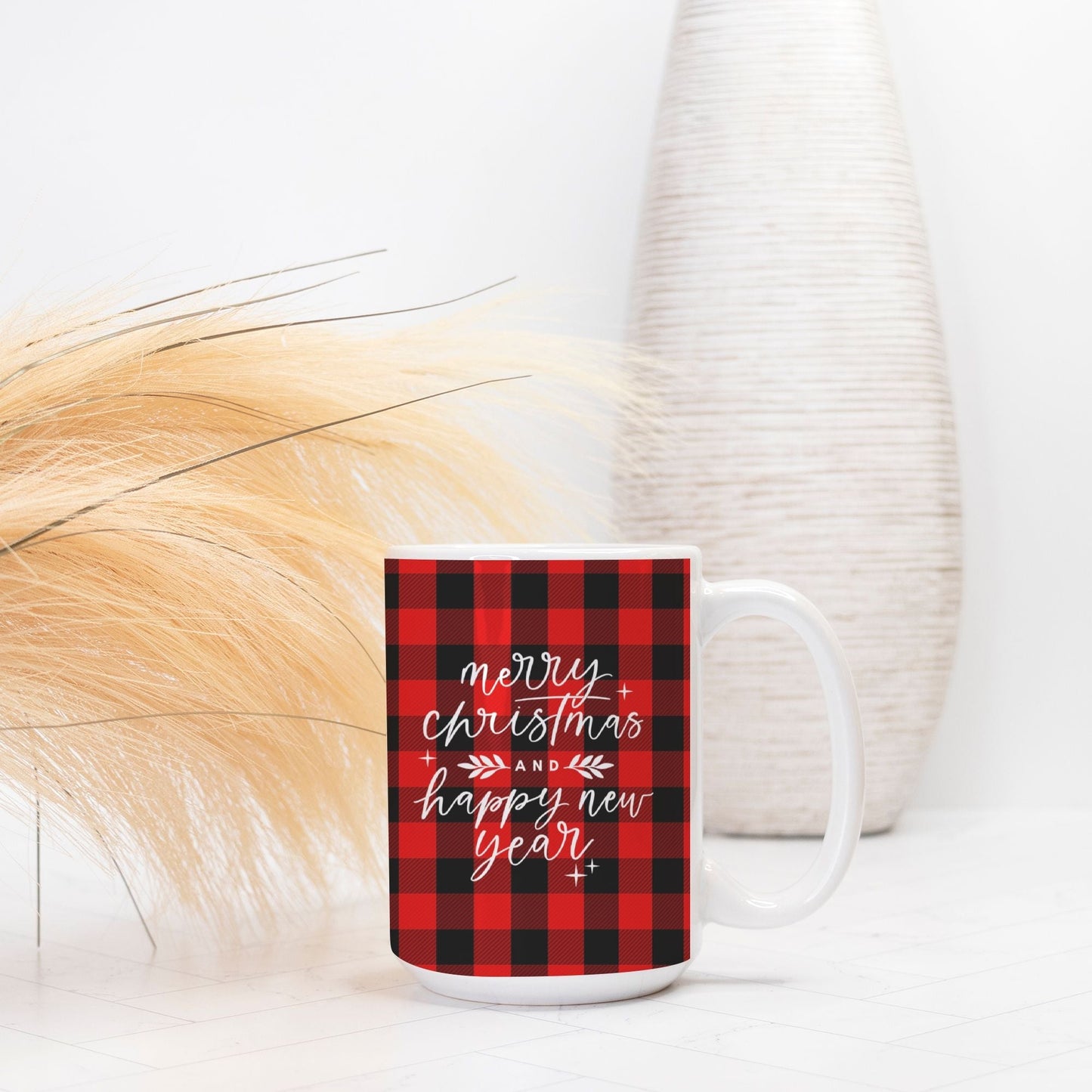Merry Christmas and Happy New Year Plaid Mug | 15oz Red & Black Buffalo Plaid Holiday Mug | Seasonal Christmas Coffee Cup-Luxe Palette