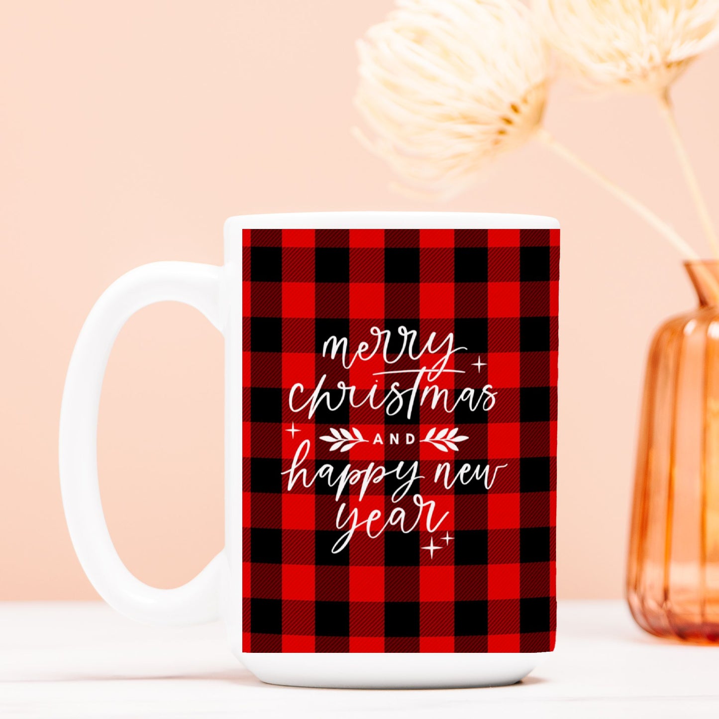 Merry Christmas and Happy New Year Plaid Mug | 15oz Red & Black Buffalo Plaid Holiday Mug | Seasonal Christmas Coffee Cup-Luxe Palette