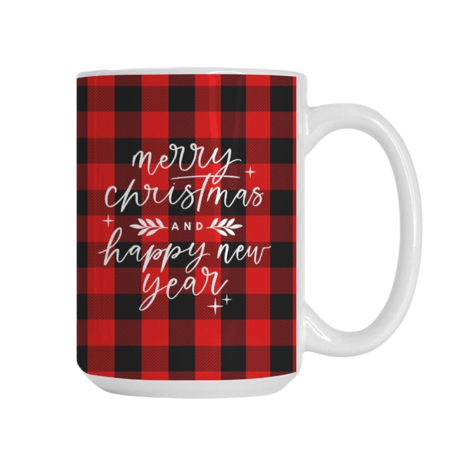 Merry Christmas and Happy New Year Plaid Mug | 15oz Red & Black Buffalo Plaid Holiday Mug | Seasonal Christmas Coffee Cup-Luxe Palette