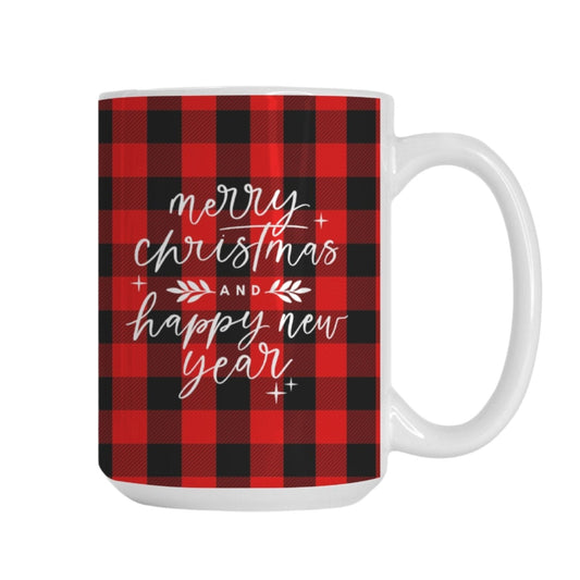 Merry Christmas and Happy New Year Plaid Mug | 15oz Red & Black Buffalo Plaid Holiday Mug | Seasonal Christmas Coffee Cup-Luxe Palette