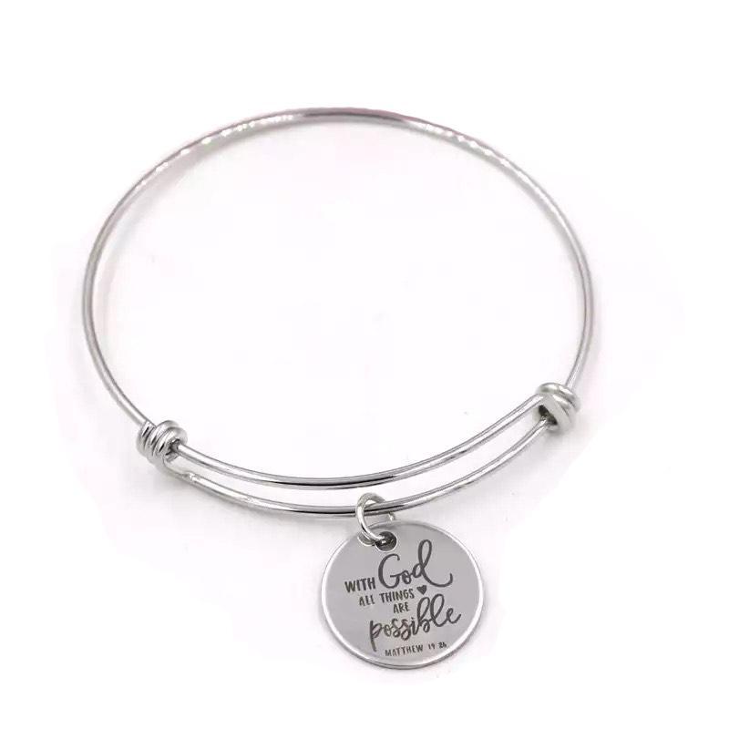 Religious Charm Bracelet - With God All Things Are Possible - Expandable Wire Bangle-Luxe Palette