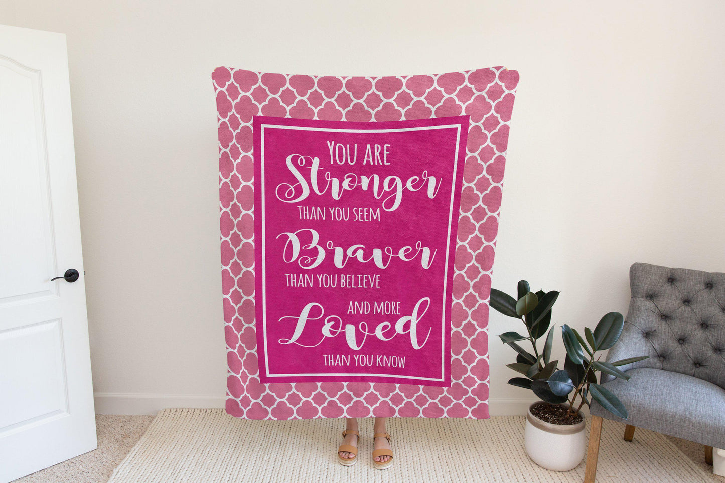 Stronger Braver More Loved Pink Quatrefoil Blanket-Luxe Palette
