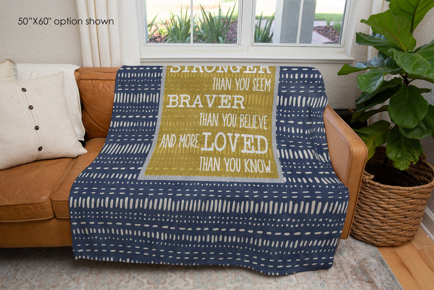 You Are Stronger Braver Loved Blue Yellow Boho Blanket-Luxe Palette