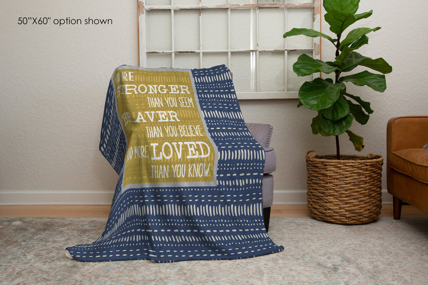 You Are Stronger Braver Loved Blue Yellow Boho Blanket-Luxe Palette