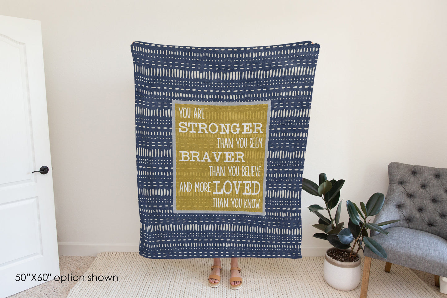 You Are Stronger Braver Loved Blue Yellow Boho Blanket-Luxe Palette