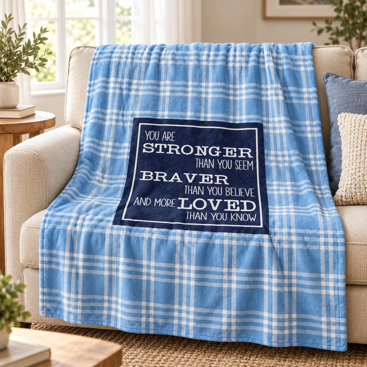 You Are Stronger Braver Loved Light Blue Plaid Blanket-Luxe Palette