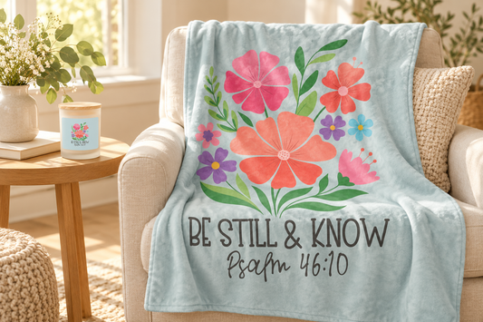 Be Still and Know floral blanket draped over an ivory chair beside the matching Psalm 46:10 candle.