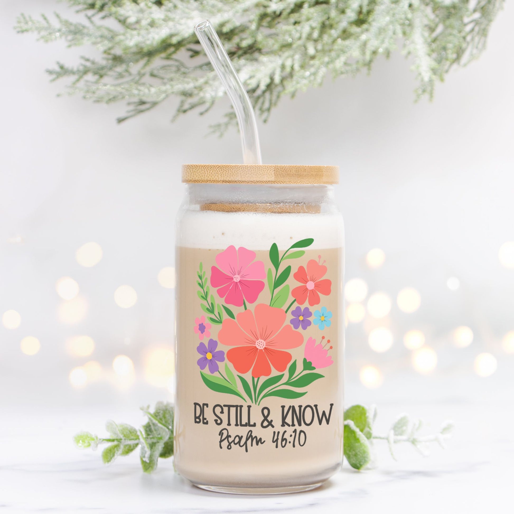 Be Still and Know Glass Can 16oz, Psalm 46:10 Christian Cup, Faith Based Iced Coffee Glass-Luxe Palette