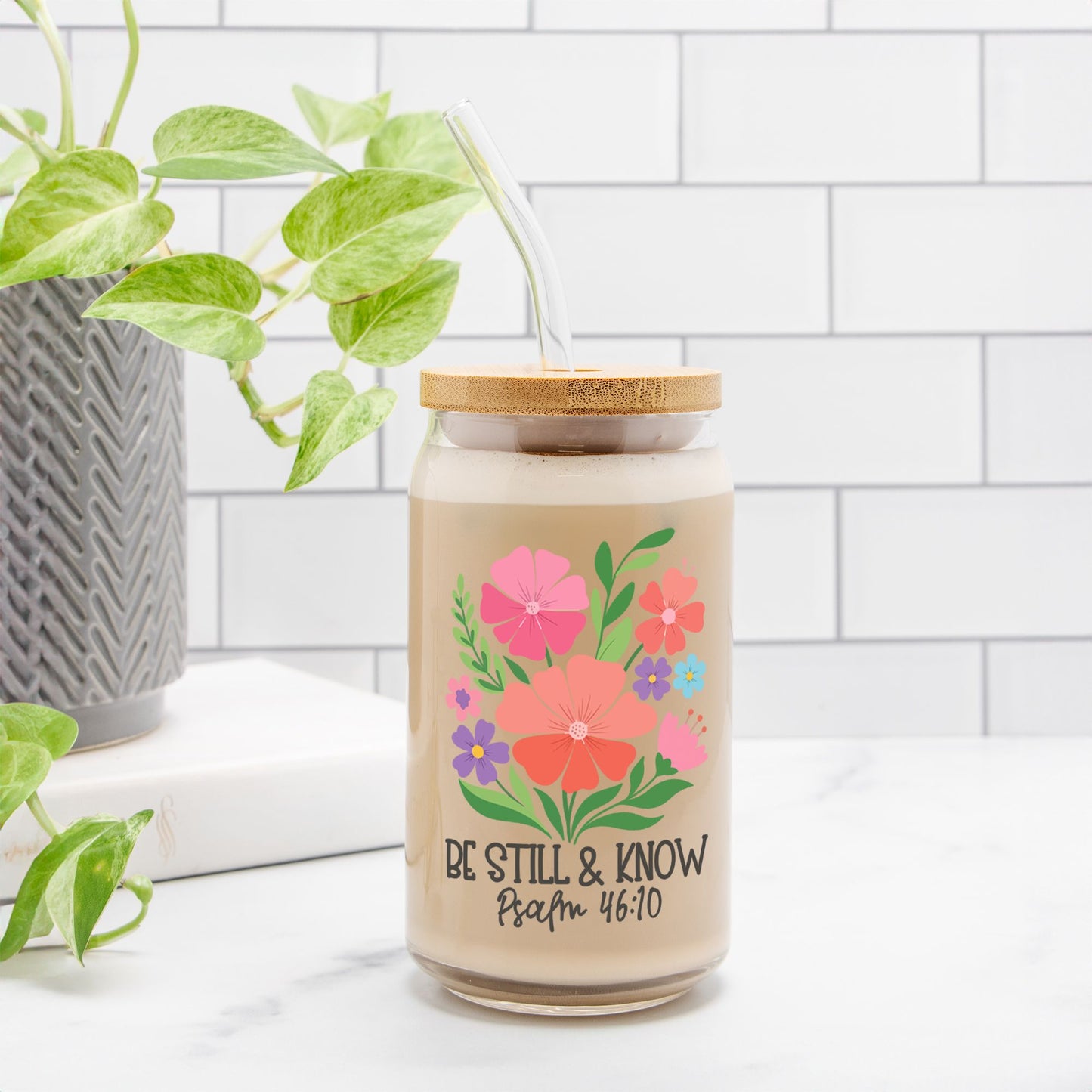Be Still and Know Glass Can 16oz, Psalm 46:10 Christian Cup, Faith Based Iced Coffee Glass-Luxe Palette