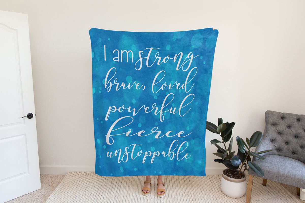 I Am Strong Brave Loved Blue Motivational Mantra Blanket-Luxe Palette