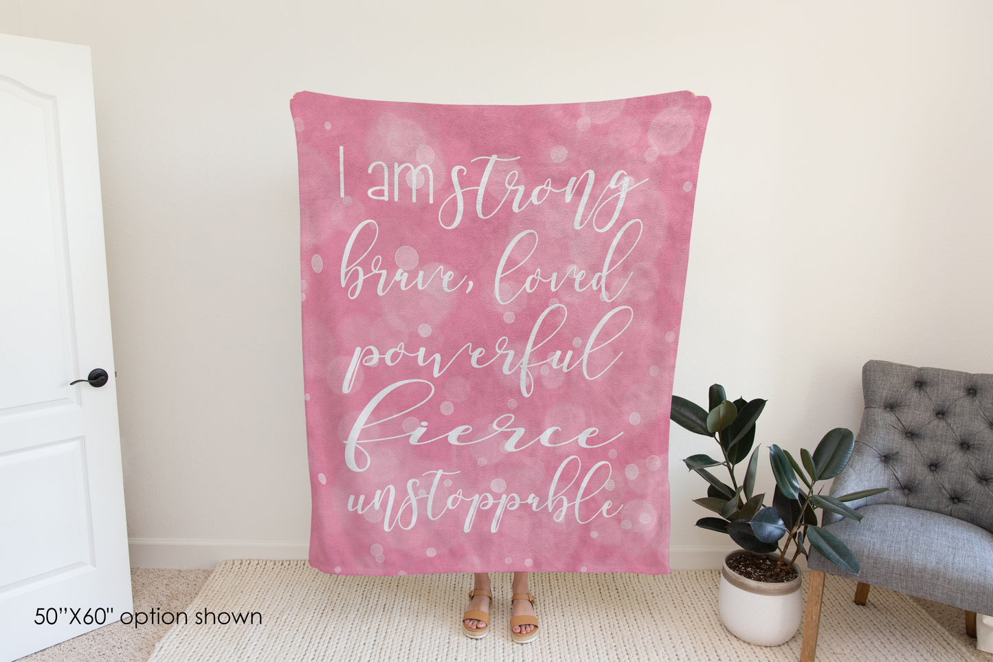 I Am Strong, Brave, Loved Positive Affirmation Blanket in Pink-Luxe Palette