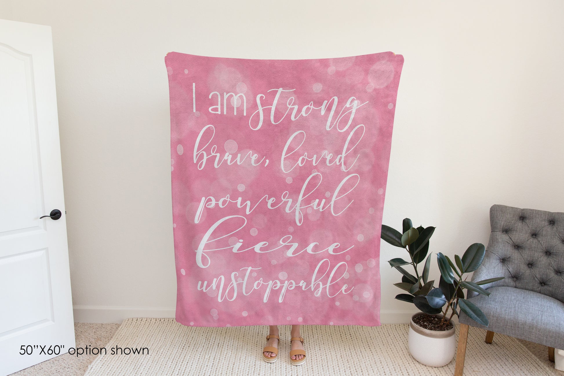 I Am Strong, Brave, Loved Positive Affirmation Blanket in Pink-Luxe Palette