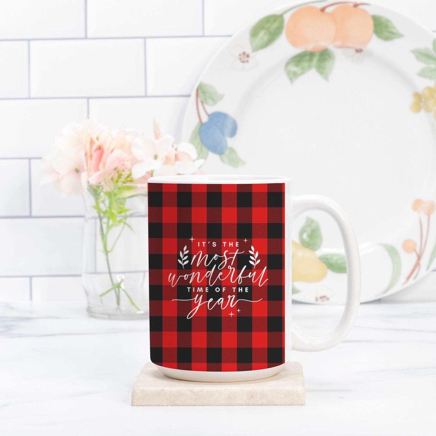 It’s the Most Wonderful Time of the Year Christmas Mug | 15oz Red &amp; Black Buffalo Plaid Holiday Coffee Mug | Festive Winter Ceramic Mug-Luxe Palette