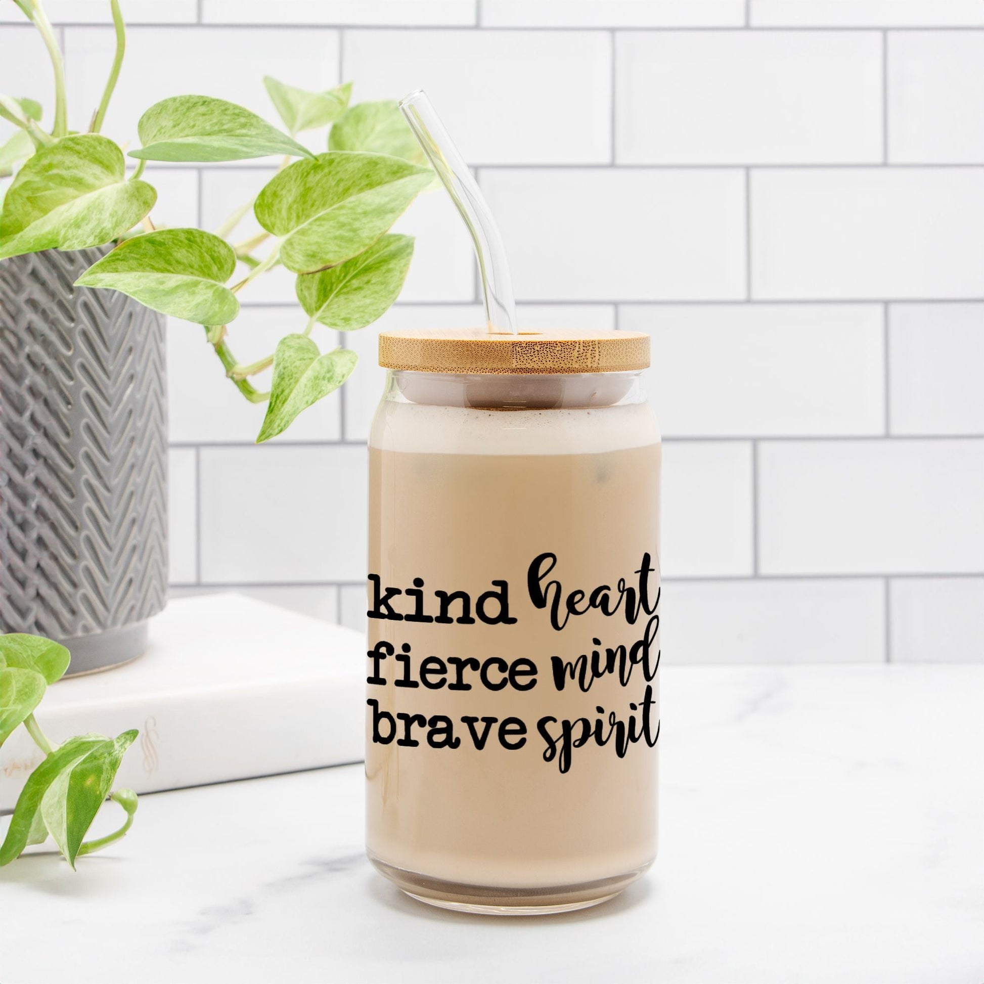 Kind Heart Fierce Mind Brave Spirit Glass Can 16oz - Black-Luxe Palette