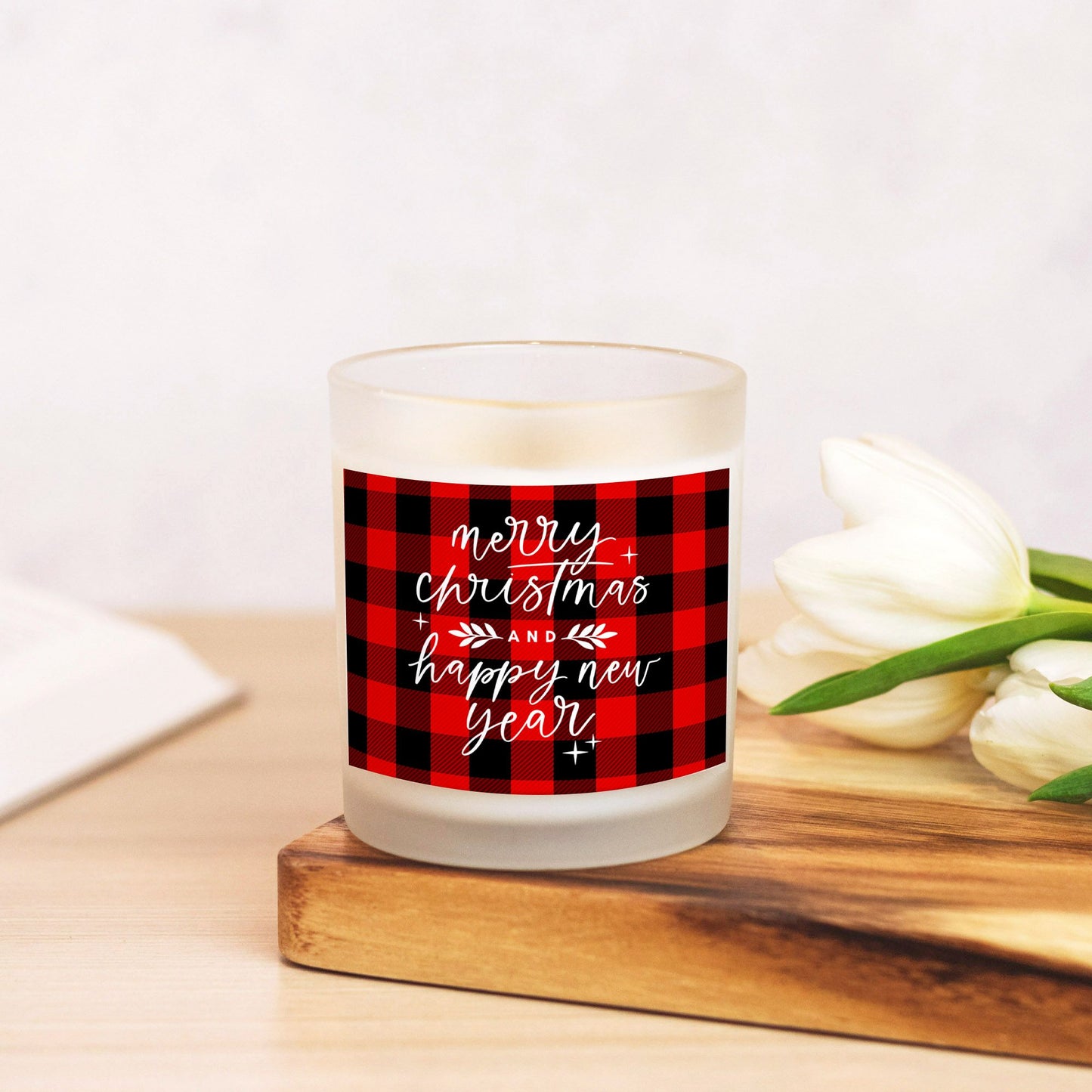 Merry Christmas and Happy New Year Candle | Red Buffalo Plaid, 11oz Hand-Poured Soy Wax | Holiday Party Gift & Christmas Decor-Luxe Palette