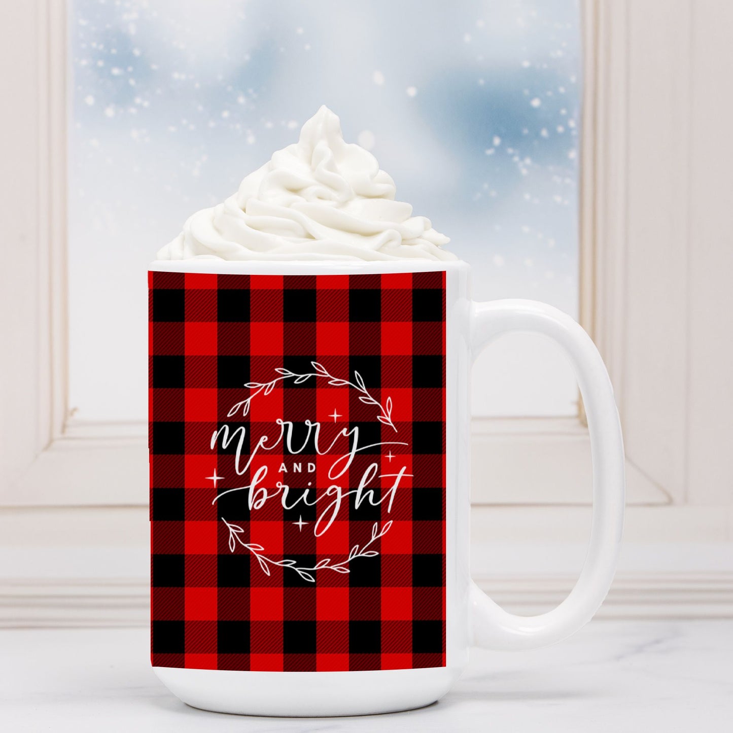 Merry and Bright Christmas Plaid Mug | 15oz Ceramic Christmas Mug | Lumberjack Plaid Holiday Drinkware-Luxe Palette