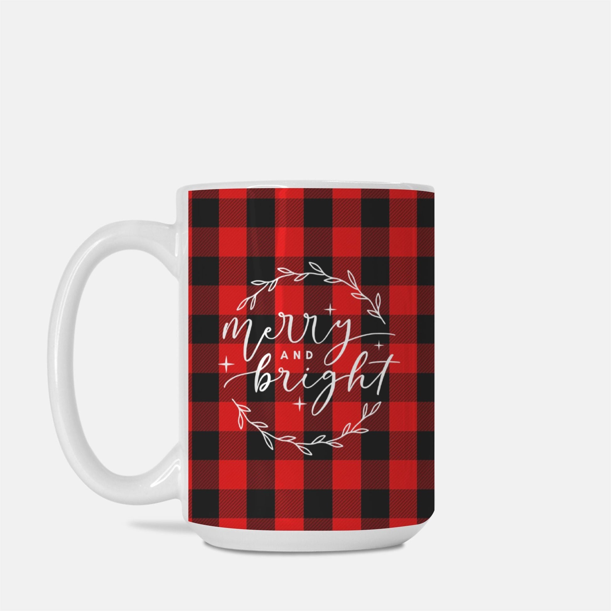 Merry and Bright Christmas Plaid Mug | 15oz Ceramic Christmas Mug | Lumberjack Plaid Holiday Drinkware-Luxe Palette