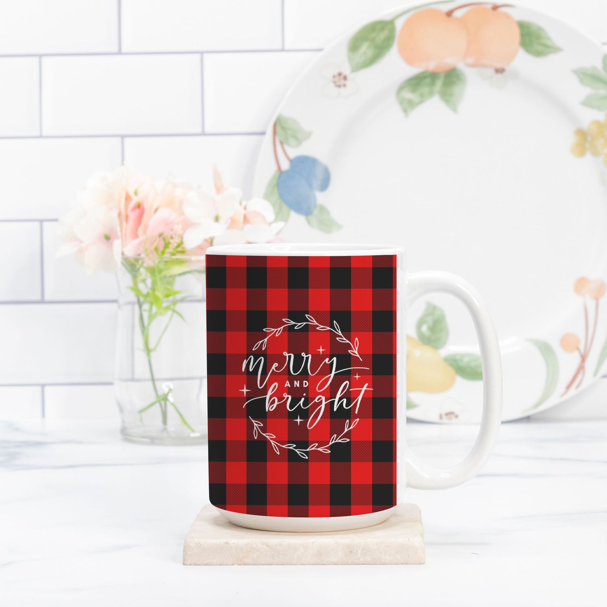 Merry and Bright Christmas Plaid Mug | 15oz Ceramic Christmas Mug | Lumberjack Plaid Holiday Drinkware-Luxe Palette