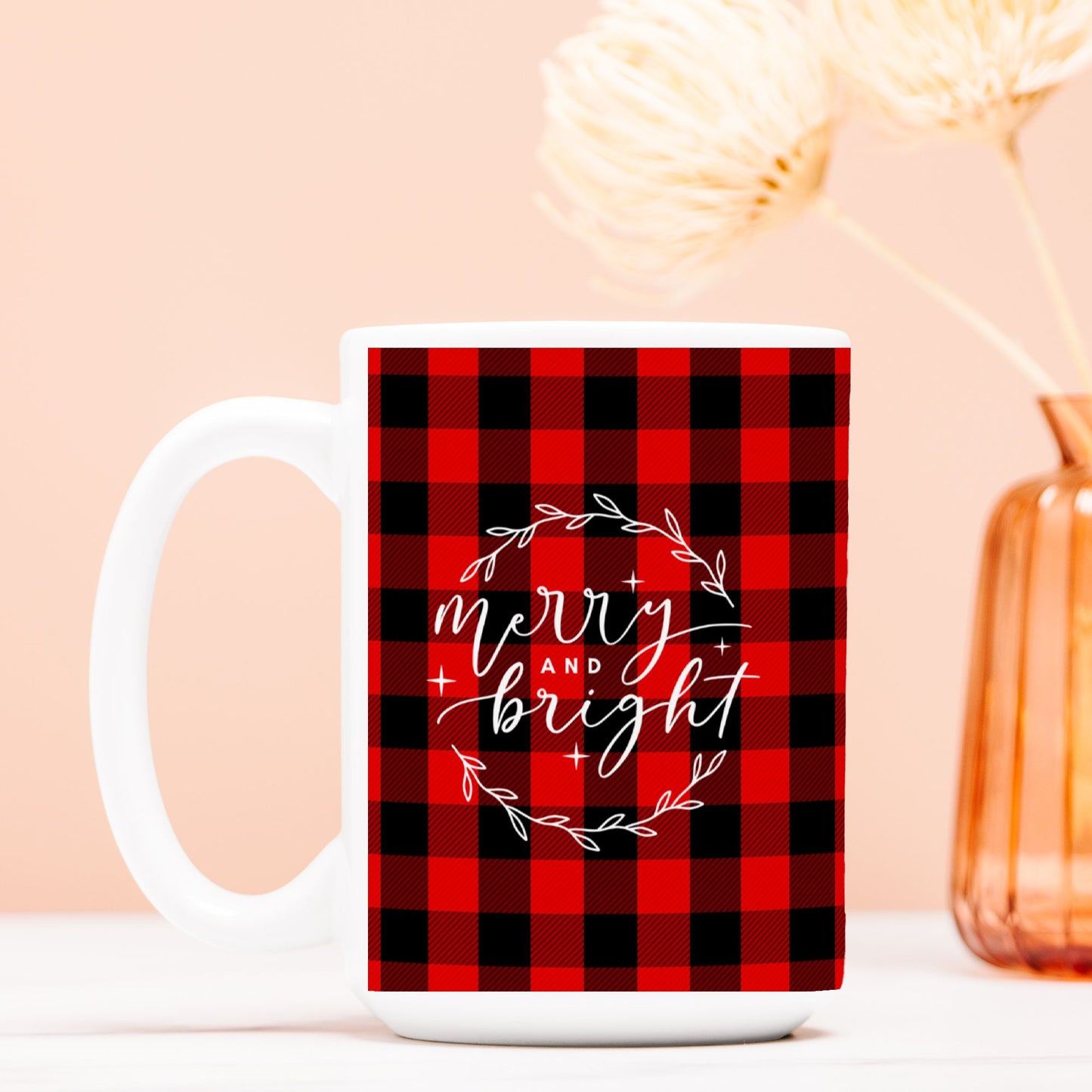 Merry and Bright Christmas Plaid Mug | 15oz Ceramic Christmas Mug | Lumberjack Plaid Holiday Drinkware-Luxe Palette