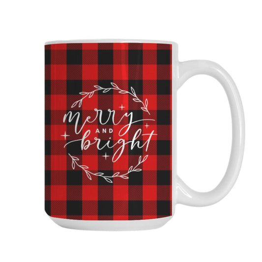 Merry and Bright Christmas Plaid Mug | 15oz Ceramic Christmas Mug | Lumberjack Plaid Holiday Drinkware-Luxe Palette