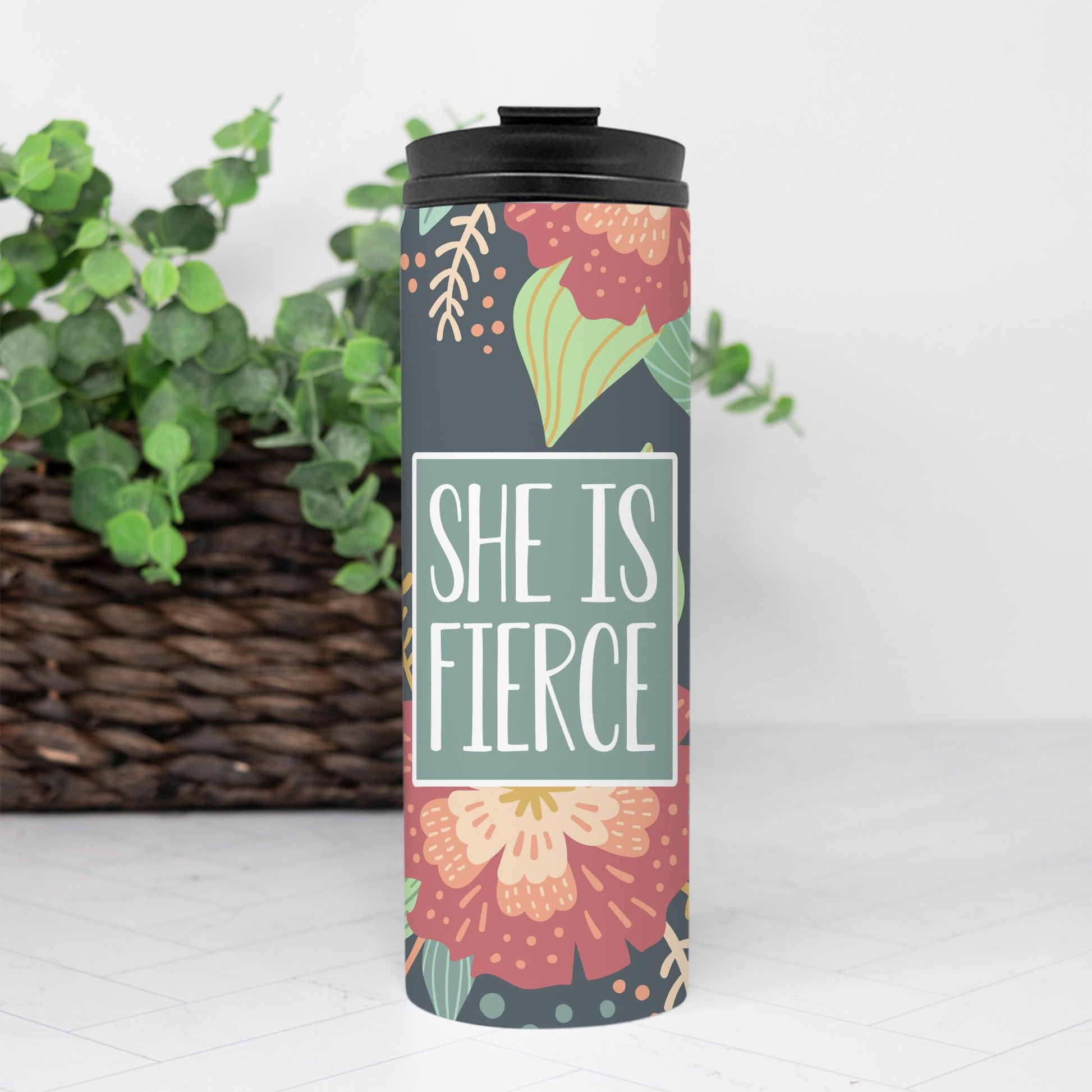 She Is FIerce Floral Travel Thermal Mug | Inspirational Drinkware-Luxe Palette