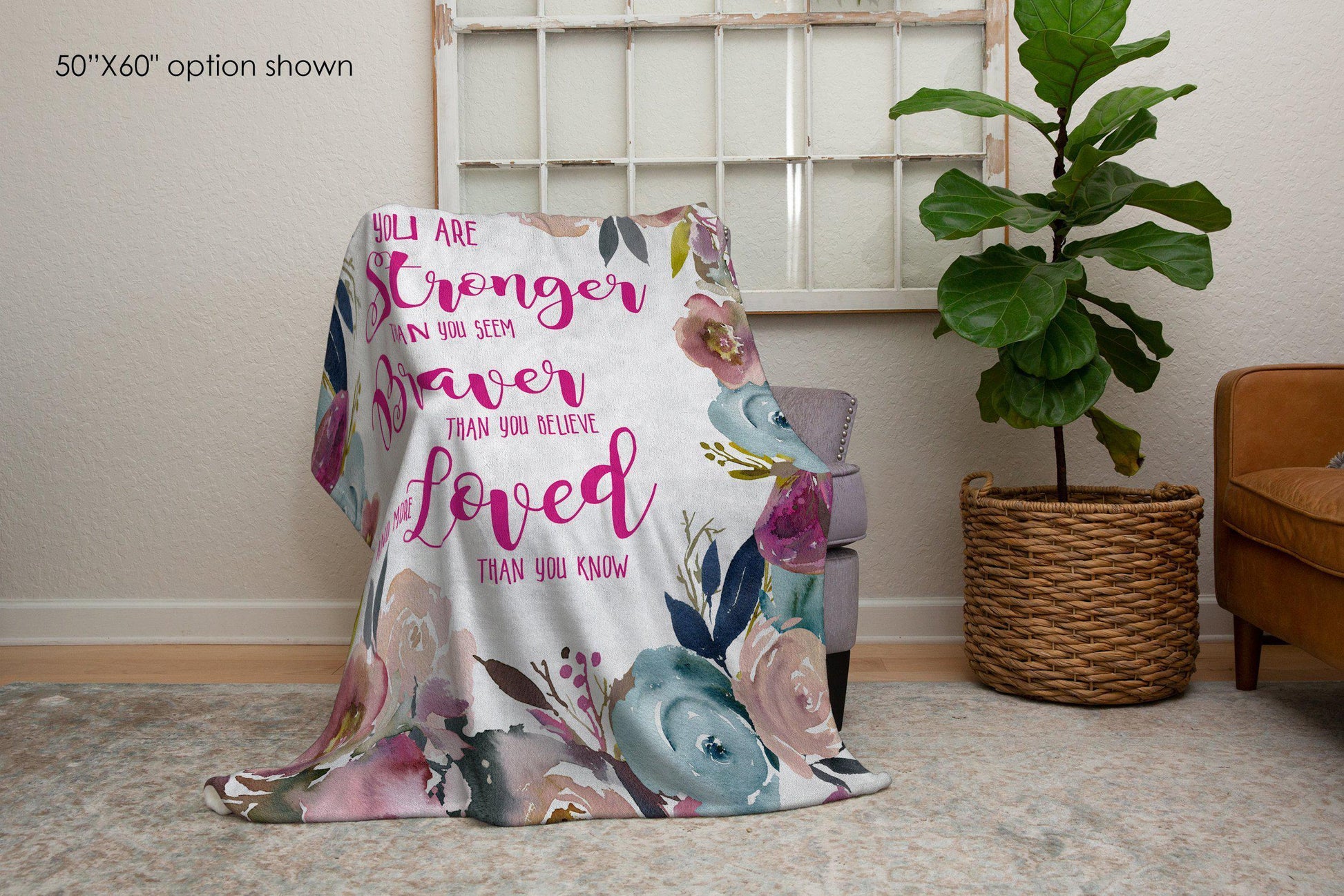 Stronger Braver More Loved Than You Know Floral Inspirational Quote Blanket-Luxe Palette