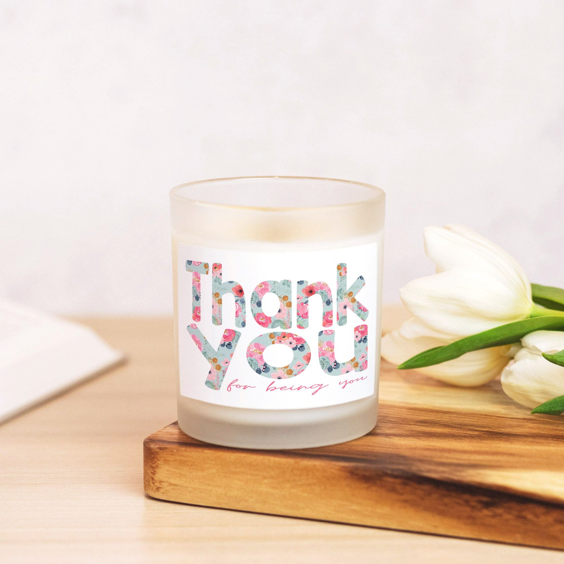 Thank You Candle | Hand-Poured 11oz Soy Wax, Floral Design in Frosted Glass | Perfect Host Gift or Appreciation Gift-Luxe Palette