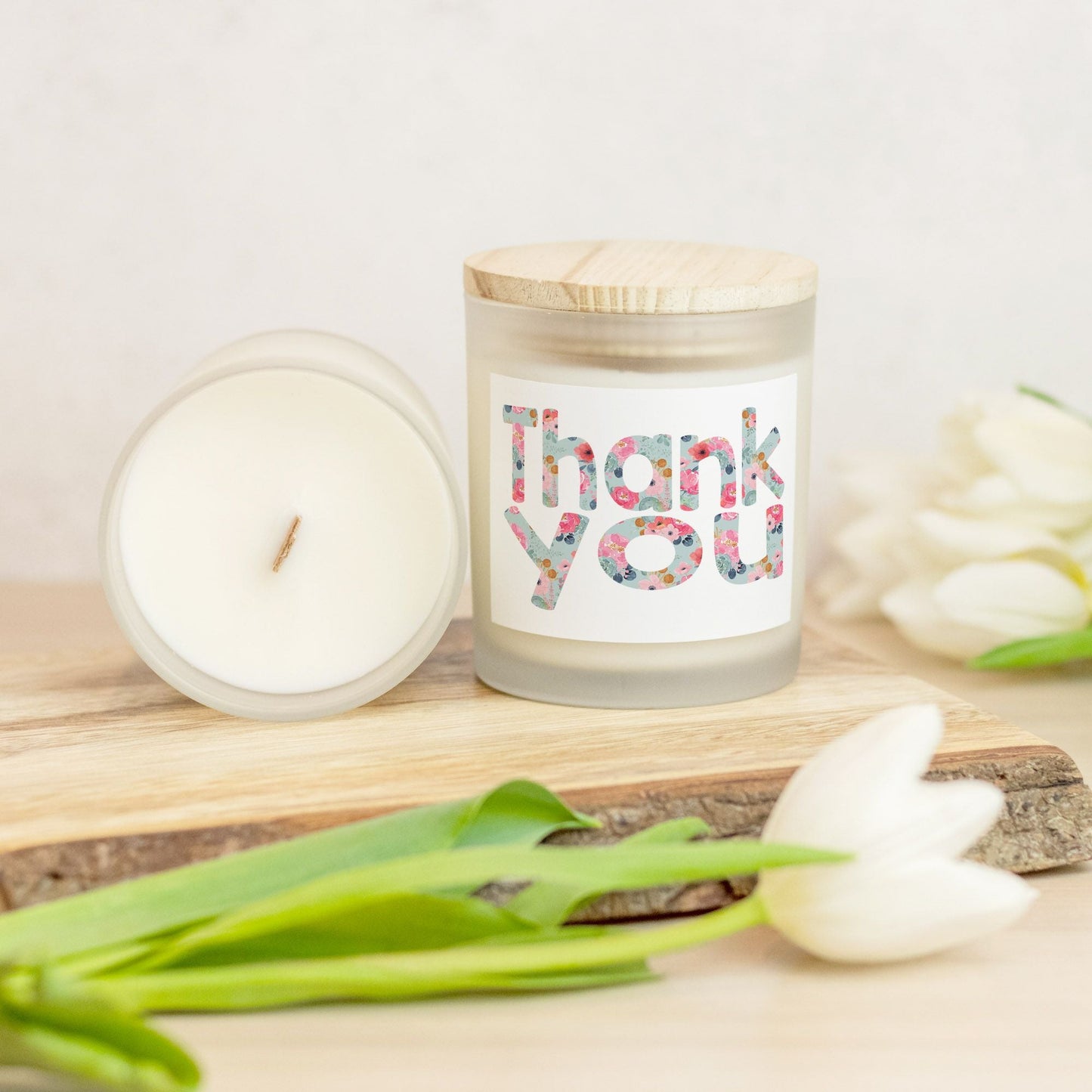 Thank You Candle | Hand-Poured 11oz Soy Wax, Floral Design in Frosted Glass | Perfect Host Gift or Appreciation Gift-Luxe Palette