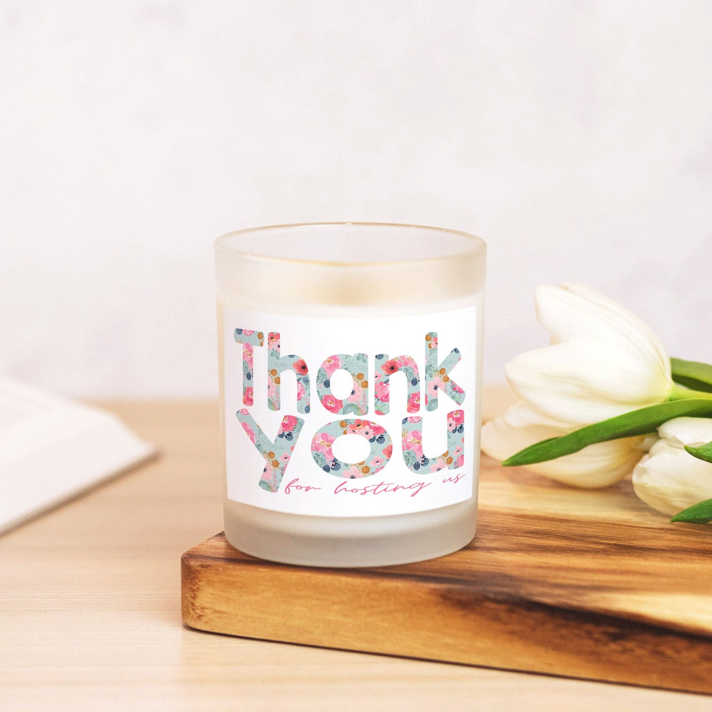 Thank You Candle | Hand-Poured 11oz Soy Wax, Floral Design in Frosted Glass | Perfect Host Gift or Appreciation Gift-Luxe Palette