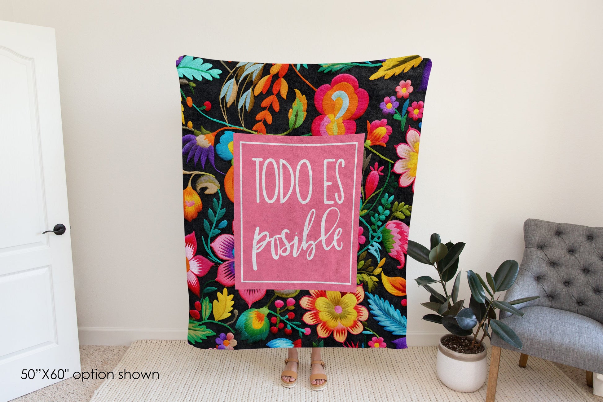 Todo es Posible Brushed Fleece Blanket | Inspirational Floral Design, Latino Heritage Gift, Motivational Comfort for Get Well & Cancer Support-Luxe Palette