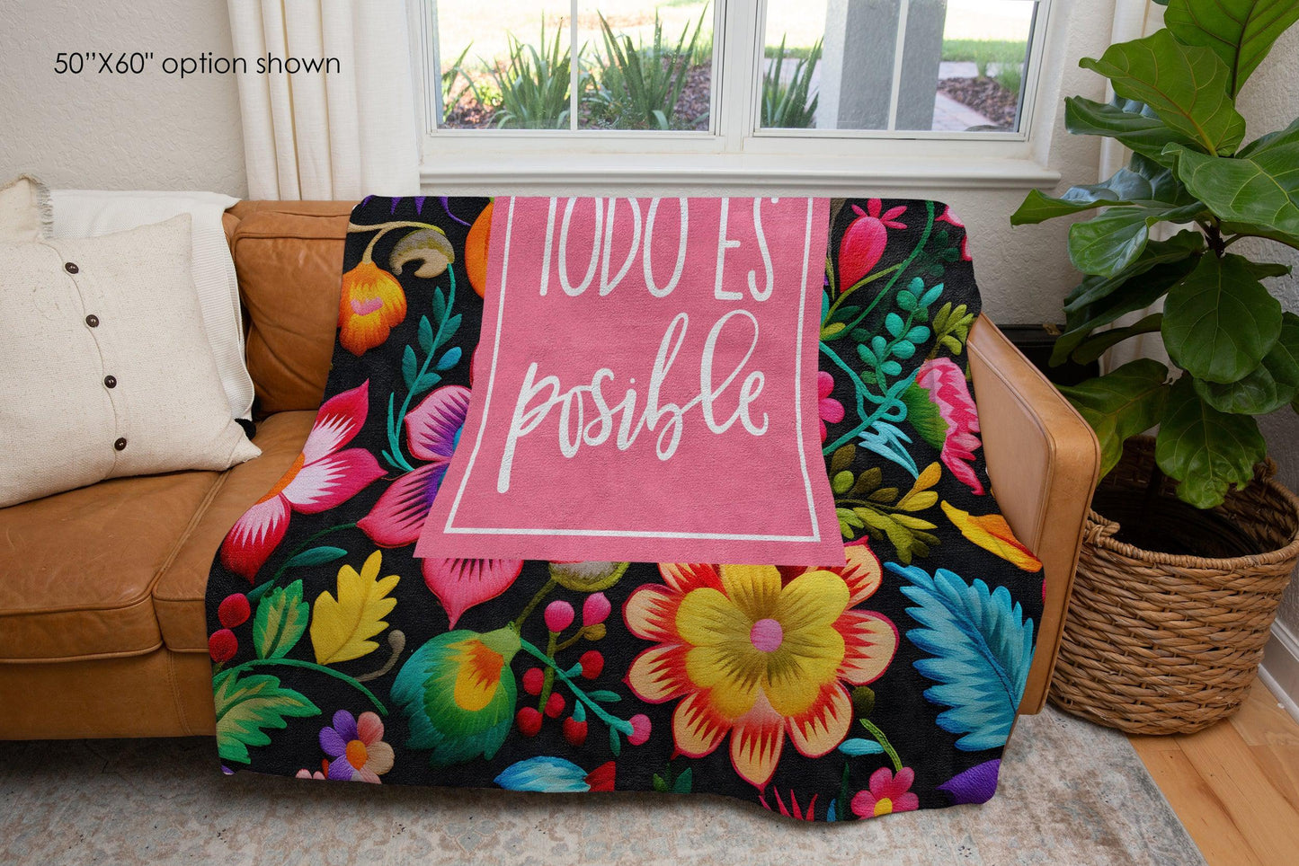 Todo es Posible Brushed Fleece Blanket | Inspirational Floral Design, Latino Heritage Gift, Motivational Comfort for Get Well & Cancer Support-Luxe Palette
