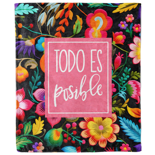 Todo es Posible Brushed Fleece Blanket | Inspirational Floral Design, Latino Heritage Gift, Motivational Comfort for Get Well & Cancer Support-Luxe Palette