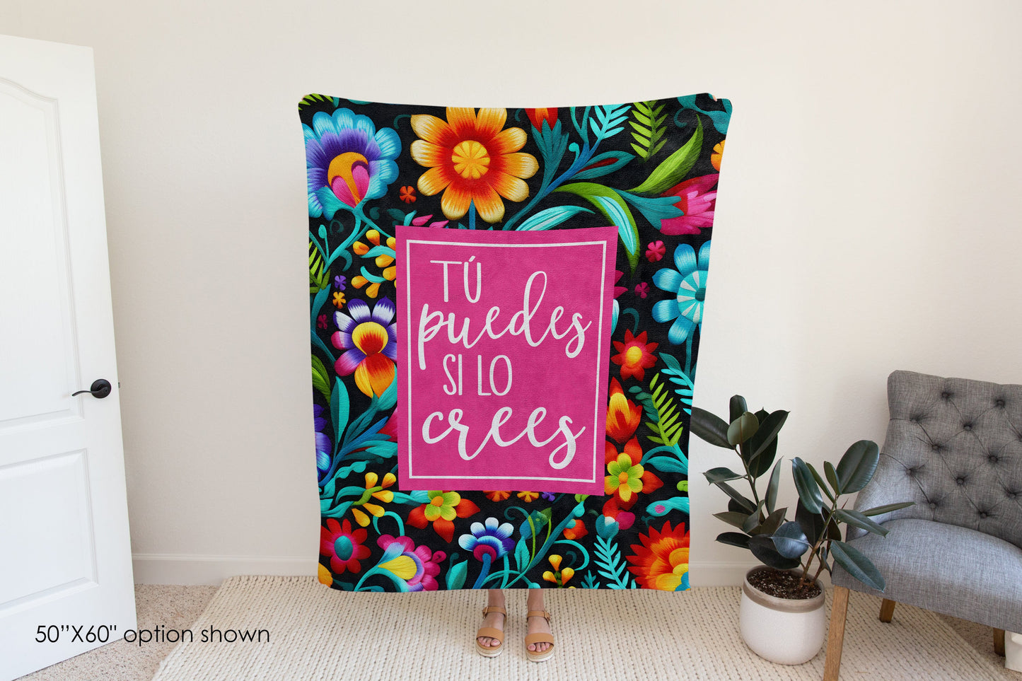 Tú Puedes Si Lo Crees Inspirational Fleece Blanket | Hispanic Heritage, Mexican Culture, Motivational Gift, Get Well & Cancer Support Blanket-Luxe Palette