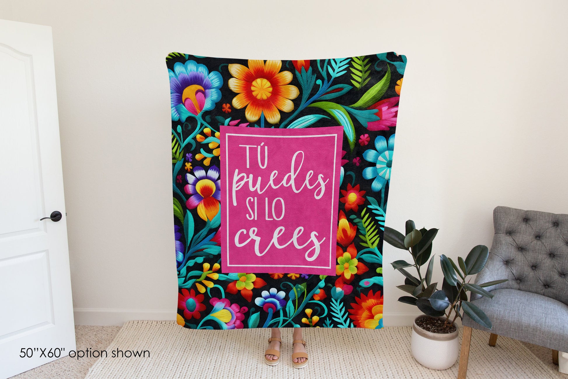 Tú Puedes Si Lo Crees Inspirational Fleece Blanket | Hispanic Heritage, Mexican Culture, Motivational Gift, Get Well & Cancer Support Blanket-Luxe Palette