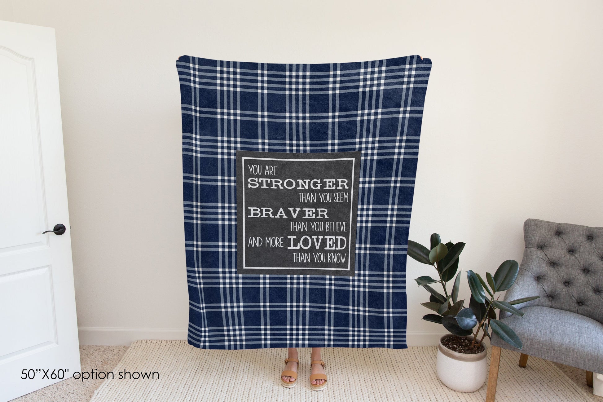 You Are Stronger Braver Loved Blue Plaid Blanket-Luxe Palette