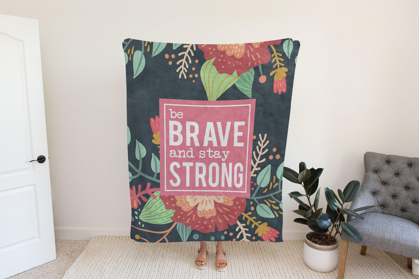 Be Brave and Stay Strong Floral Inspirational Quote Blanket-Luxe Palette