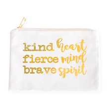Kind Heart Fierce Mind Brave Spirit Gold or Silver Foil Canvas Pouch in Black, Pink, or White-Luxe Palette