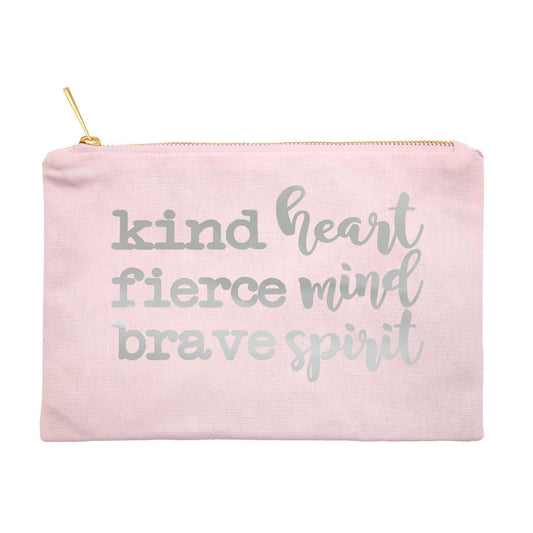 Kind Heart Fierce Mind Brave Spirit Gold or Silver Foil Canvas Pouch in Black, Pink, or White-Luxe Palette