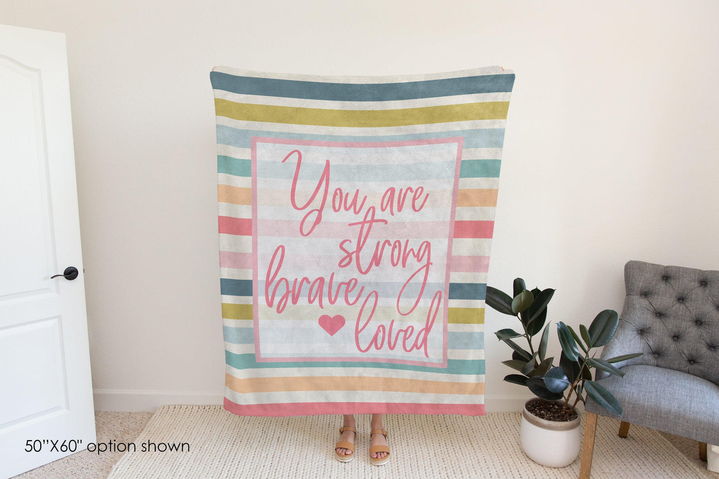 You Are Strong Brave Loved Pastel Stripe Inspirational Blanket-Luxe Palette
